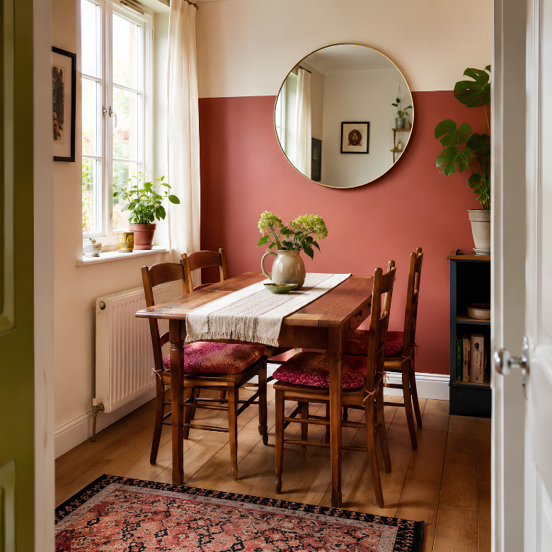 Small dining room with a wooden dining table, mismatched chairs and a warm terracotta feature wall with round mirror