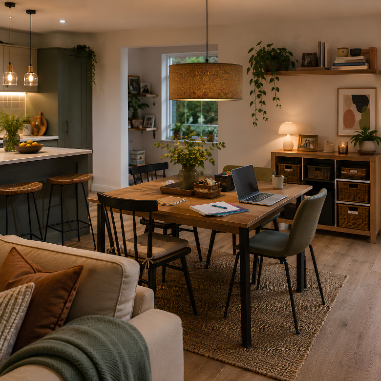 Small dining room doubling as a home office, with a wooden dining table used as a workspace in an open-plan living area