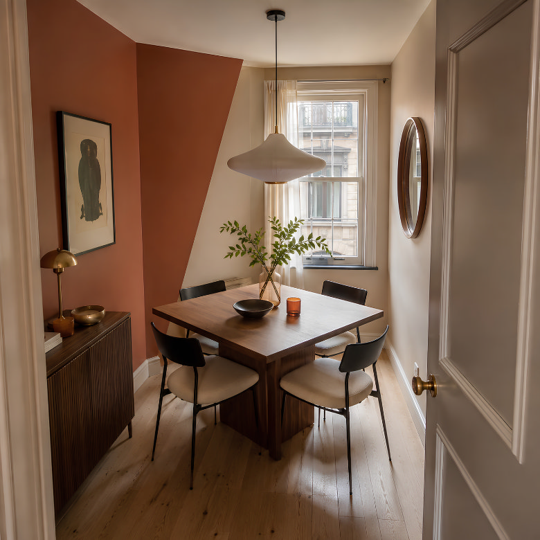Small dining room with a square wooden dining table and four compact chairs arranged to make the most of a narrow space