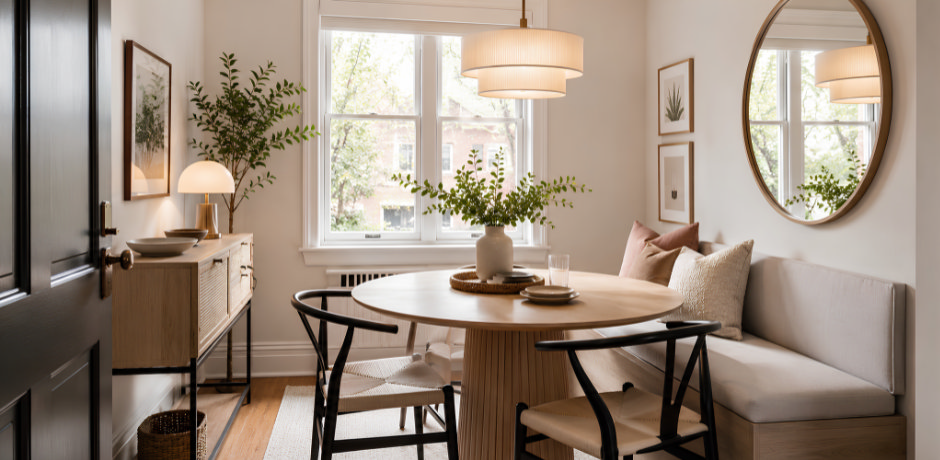 Small dining room with a round wooden dining table, compact chairs and a wall-side bench to maximise space