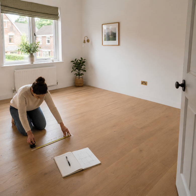 person measuring empty bedroom space with tape measure to plan furniture layout before buying