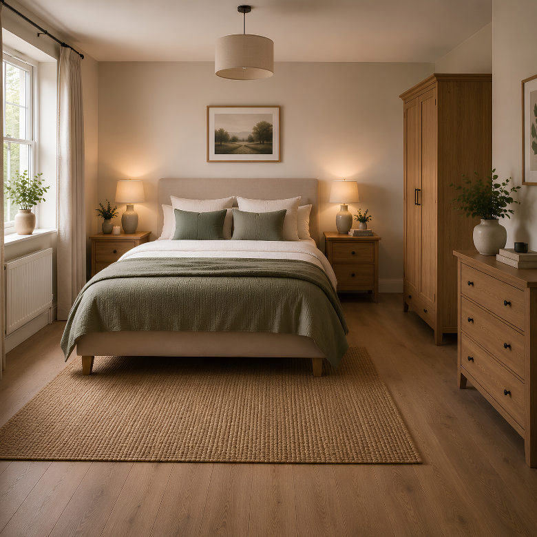 balanced bedroom layout with bed centred between bedside tables, wardrobe and chest of drawers for clear spacing and symmetry