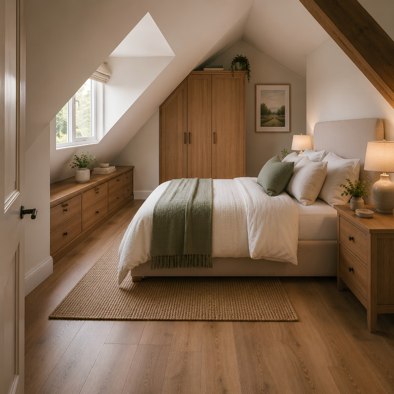 loft bedroom layout with bed, fitted wardrobe and low drawers positioned under sloped ceiling to maximise space