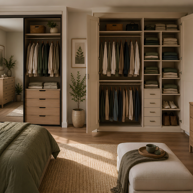 two fitted wardrobes with hanging rails shelves and drawers for organised bedroom storage