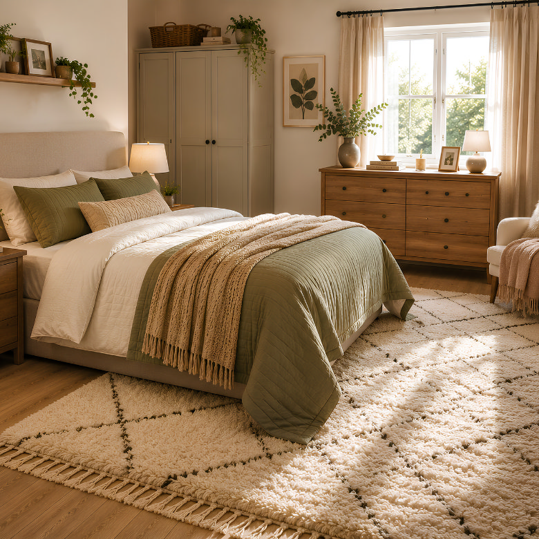 neutral bedroom with green and cream bedding wooden wardrobe and chest of drawers styled with textured rug and soft lighting