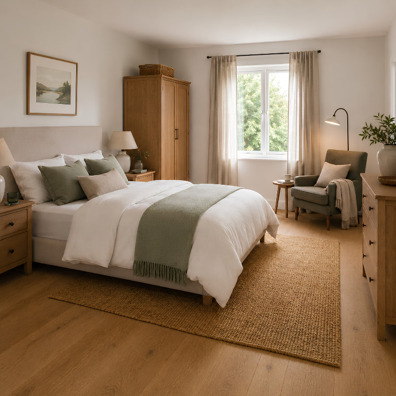 neutral bedroom with wooden furniture set including wardrobe chest of drawers bedside tables and armchair seating