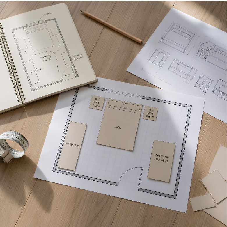 bedroom floor plan layout with bed, wardrobe and drawers arranged to plan furniture placement and walking space