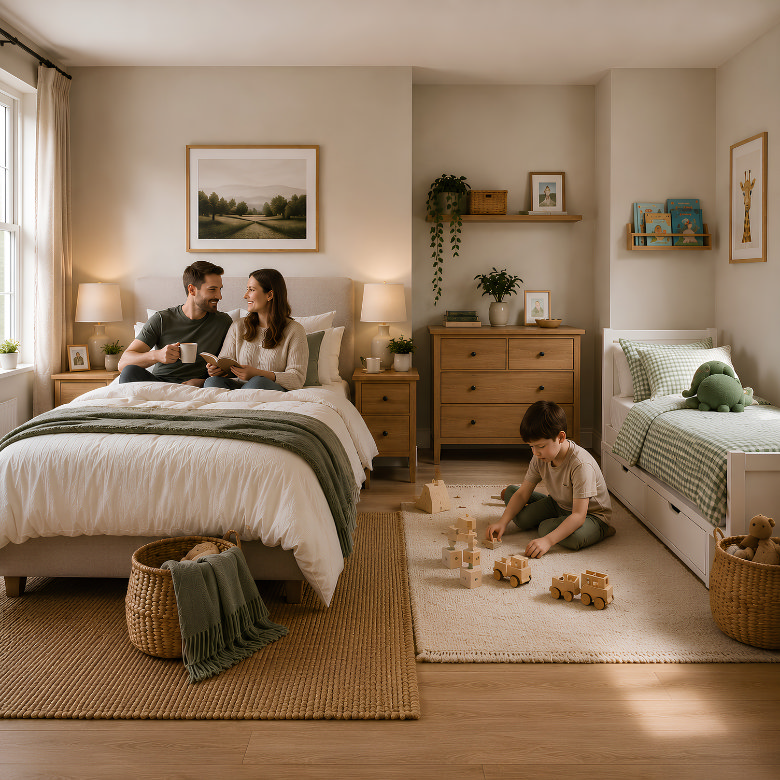 family bedroom layout with double bed, child’s bed and shared storage arranged for practical everyday use