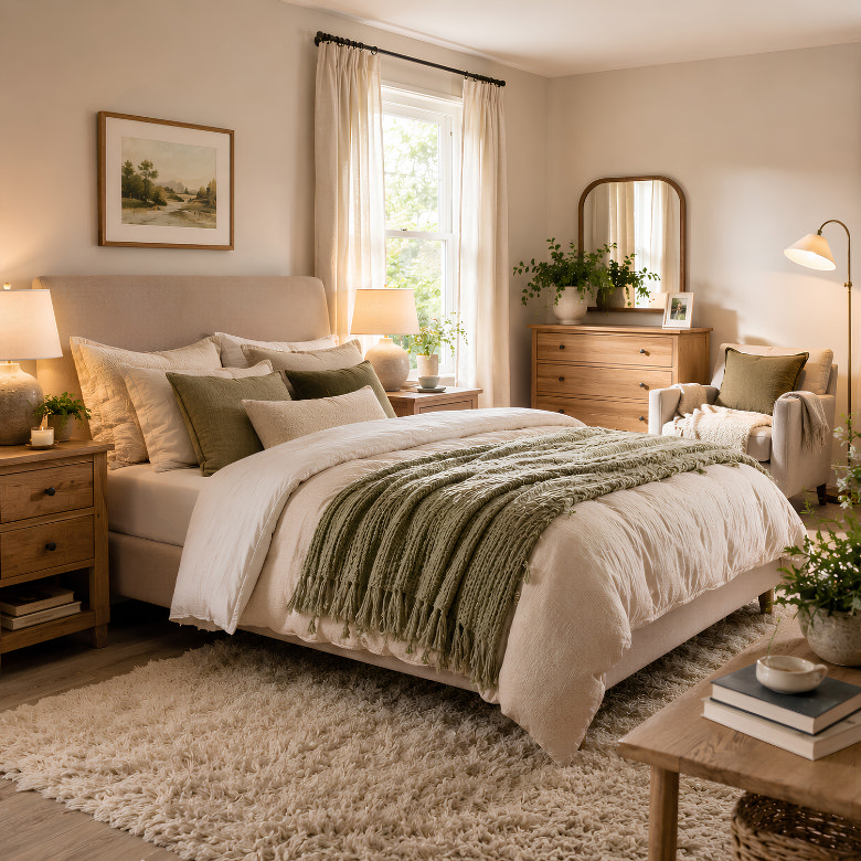 neutral bedroom with layered green and cream bedding wooden bedside tables chest of drawers and cosy armchair seating