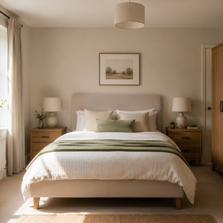 bed positioned against main wall with bedside tables and wardrobe creating balanced bedroom layout