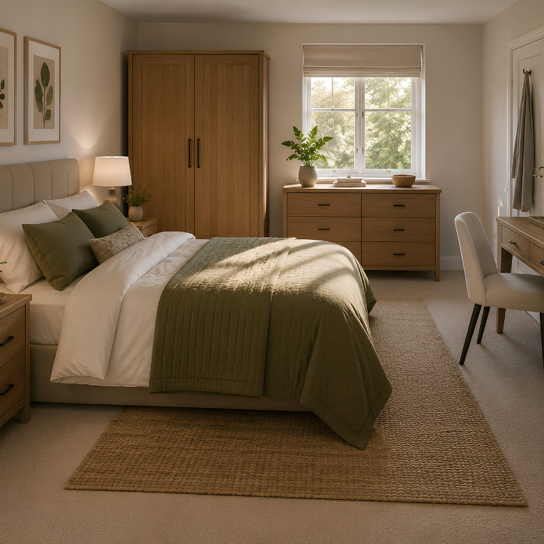 wooden bedroom furniture set with wardrobe chest of drawers and bedside tables in neutral modern bedroom