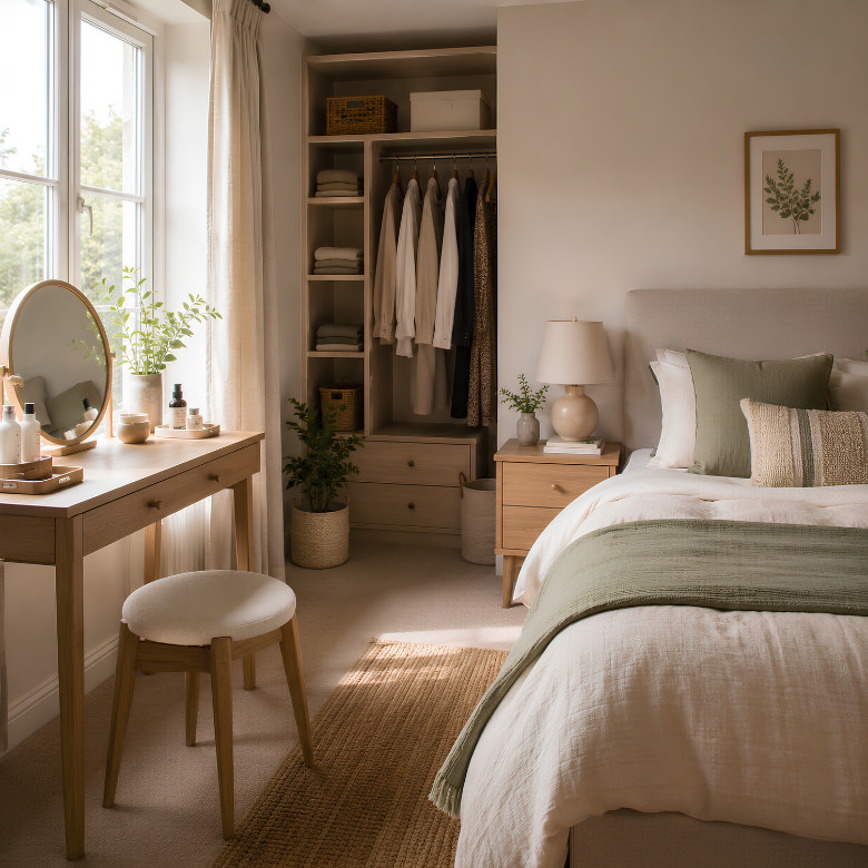 bedroom with open wardrobe, bedside table and dressing table arranged for practical daily routine and natural light