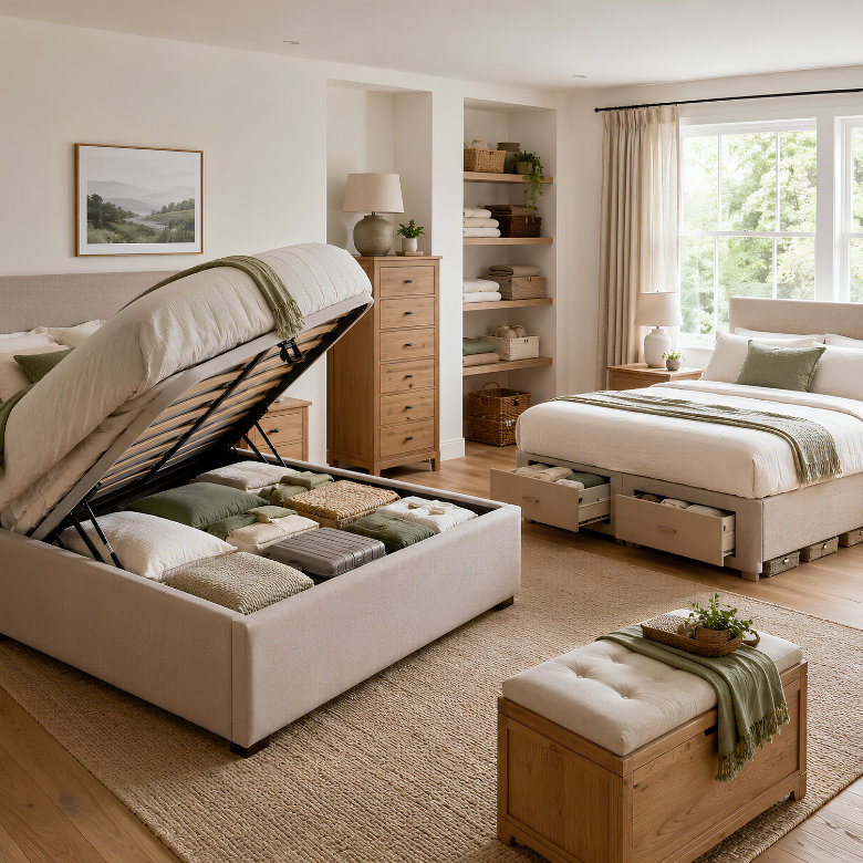 ottoman storage bed with lift up base and under bed drawers for hidden bedroom storage