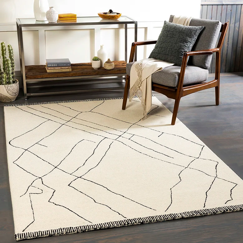 modern cream rug in spacious home office