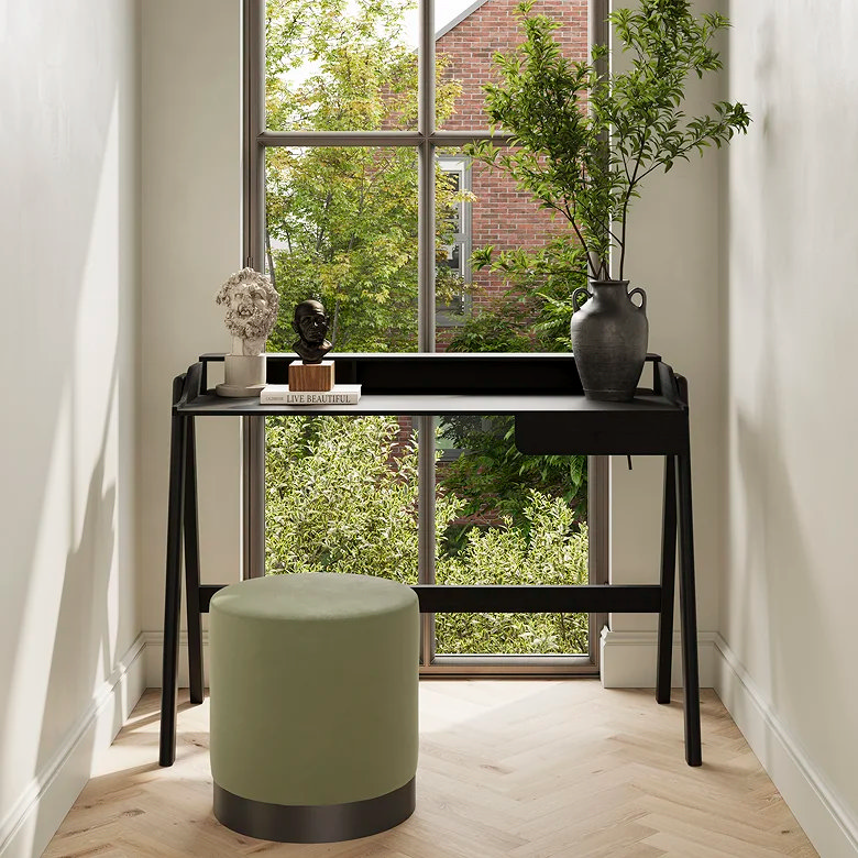 minimalist black desk in bright tidy home office