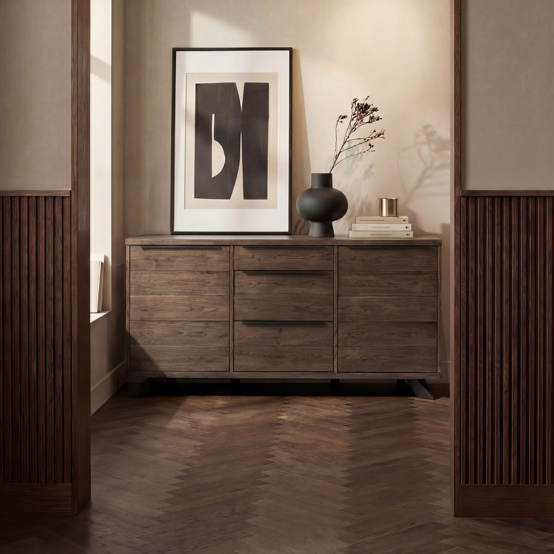 dark wooden sideboard in organised home office