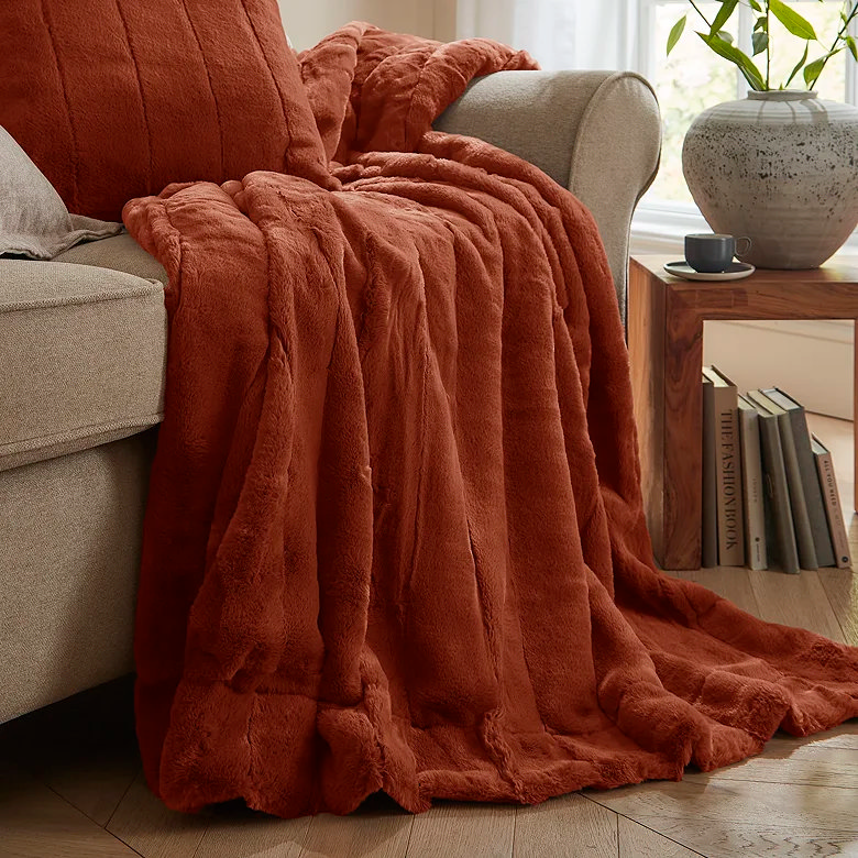 rust orange retro faux fur living room throw