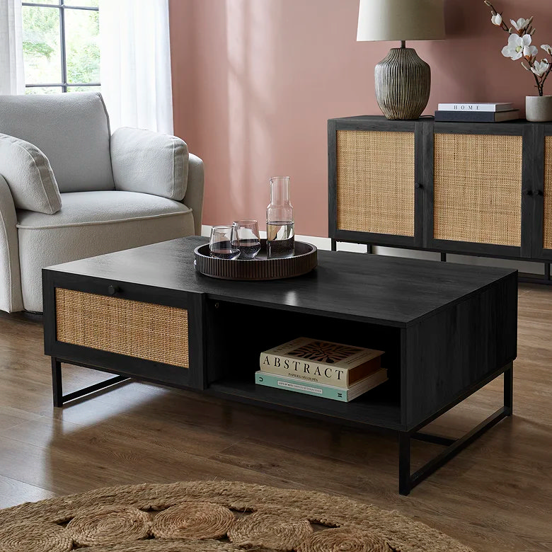 black wooden and rattan retro coffee table
