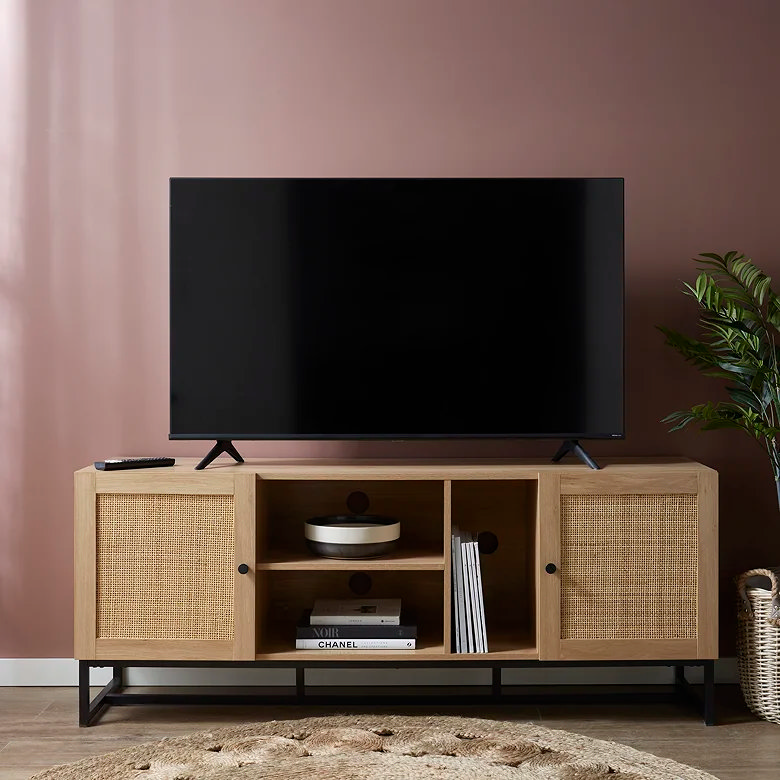 rattan wooden tv unit in retro living room