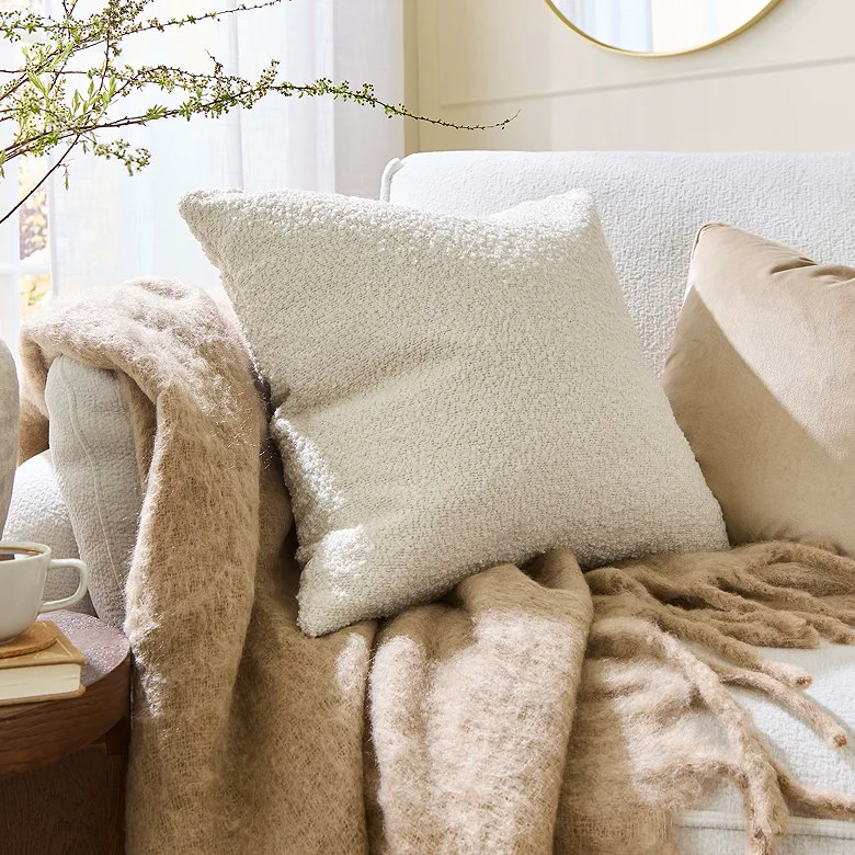 retro white boucle mid century modern sofa cushion