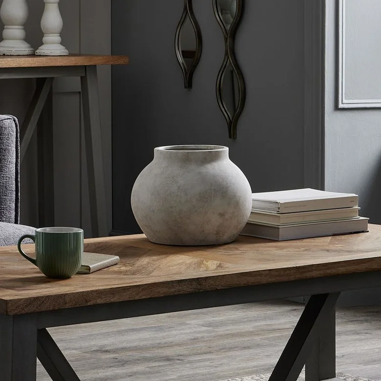 neutral stone effect vase in Japandi style bedroom