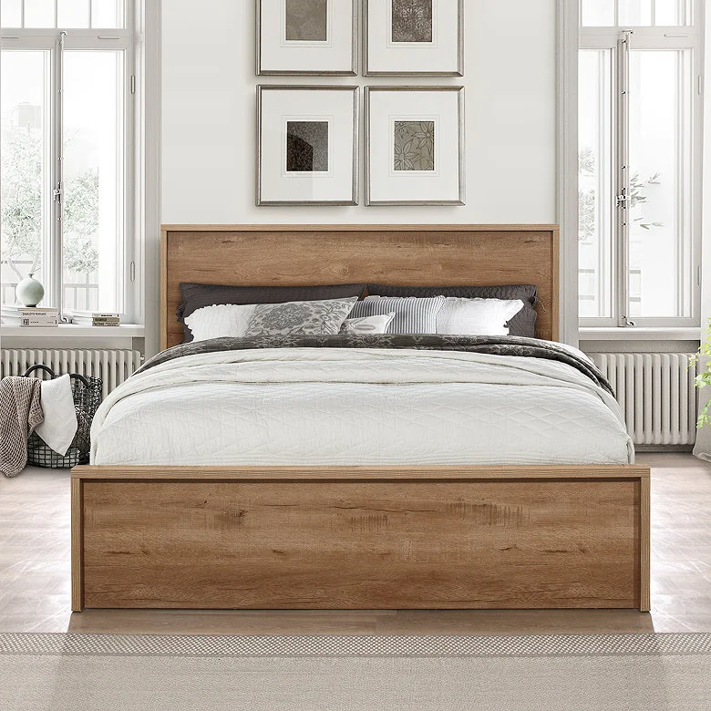 low profile wooden Japandi storage bed with drawers