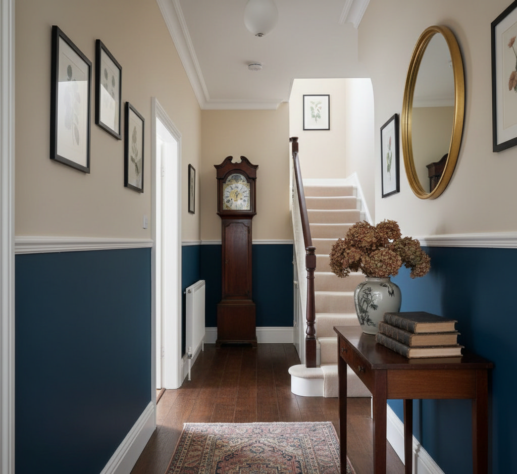 Two-tone dado paint trick for a narrow hallway