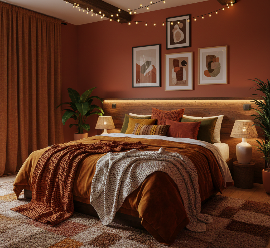 Bedroom with deep orange and red colours