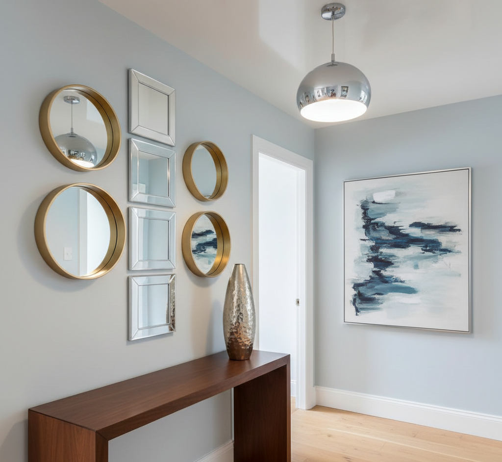 hallway with multiple reflective accents throughout