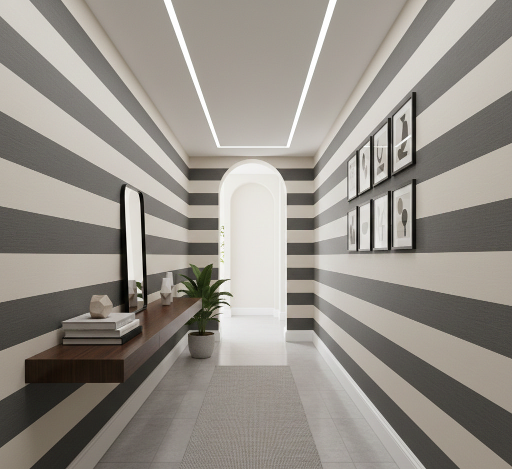 Narrow hallway with a horizontal striped feature wall