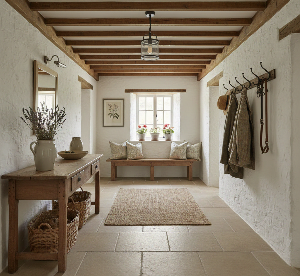 Light, bright hallway with white shiplap walls