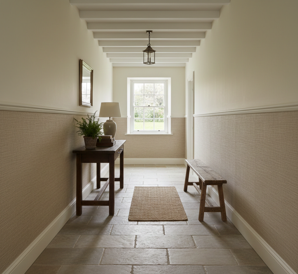 narrow hallway with neutral colours to create a wide look