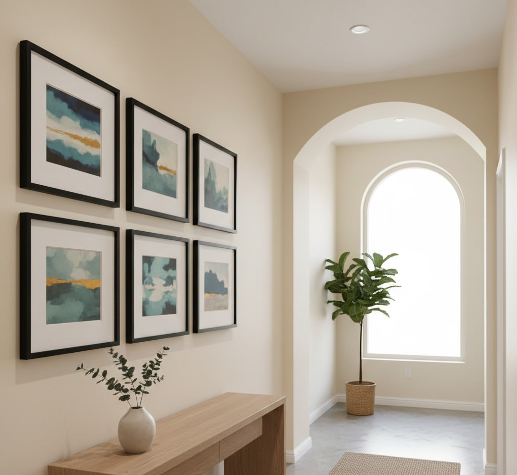 small hallway with pictures arranged as a single gallery
