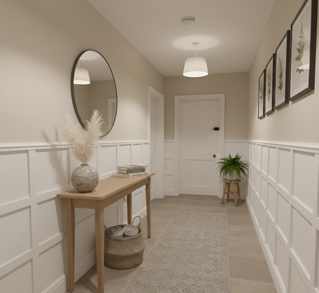 small hallway with white panelling on the lower walls