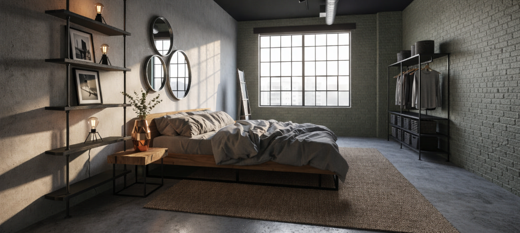 industrial bedroom with exposed brick and concrete walls