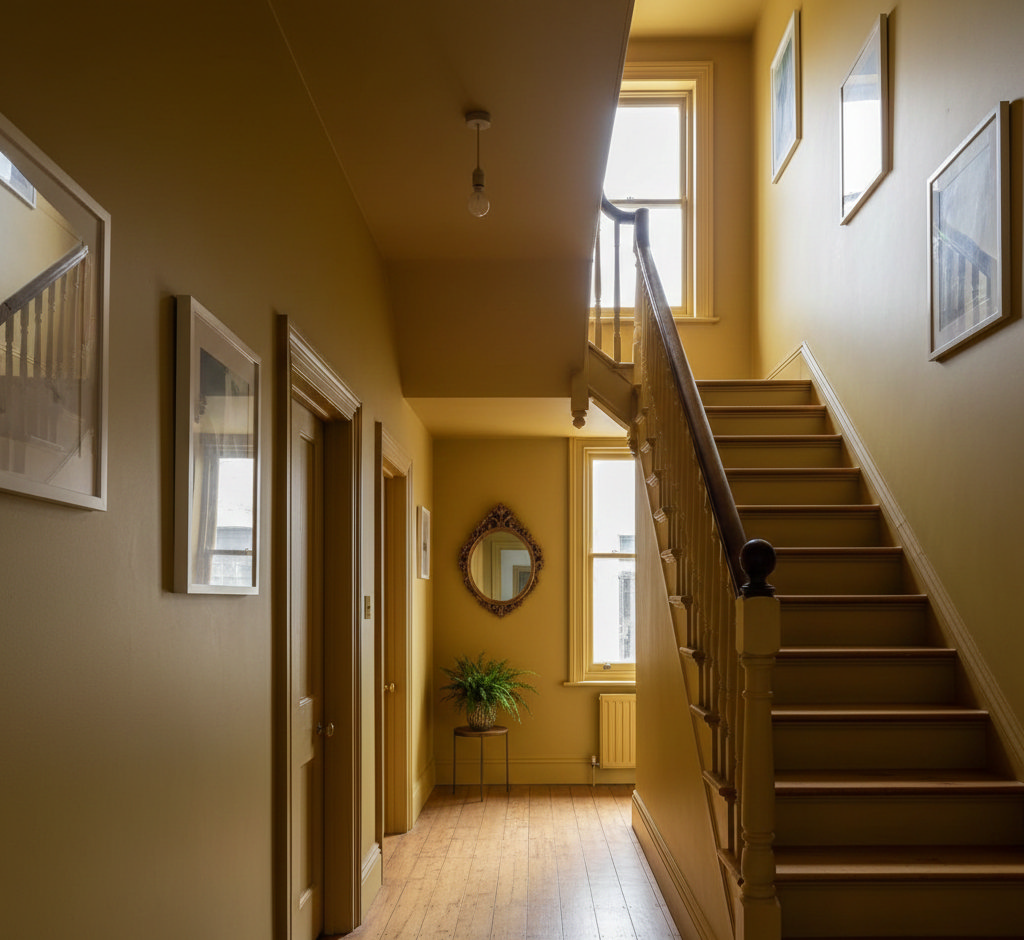Colour-drenched hallway walls, makes a narrow corridor feel wider.