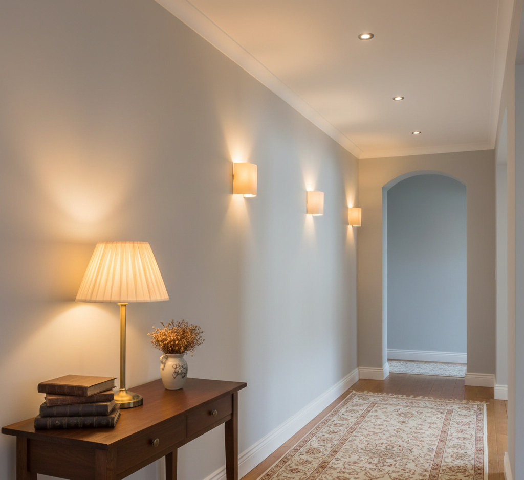 Light grey hallway with wall sconces