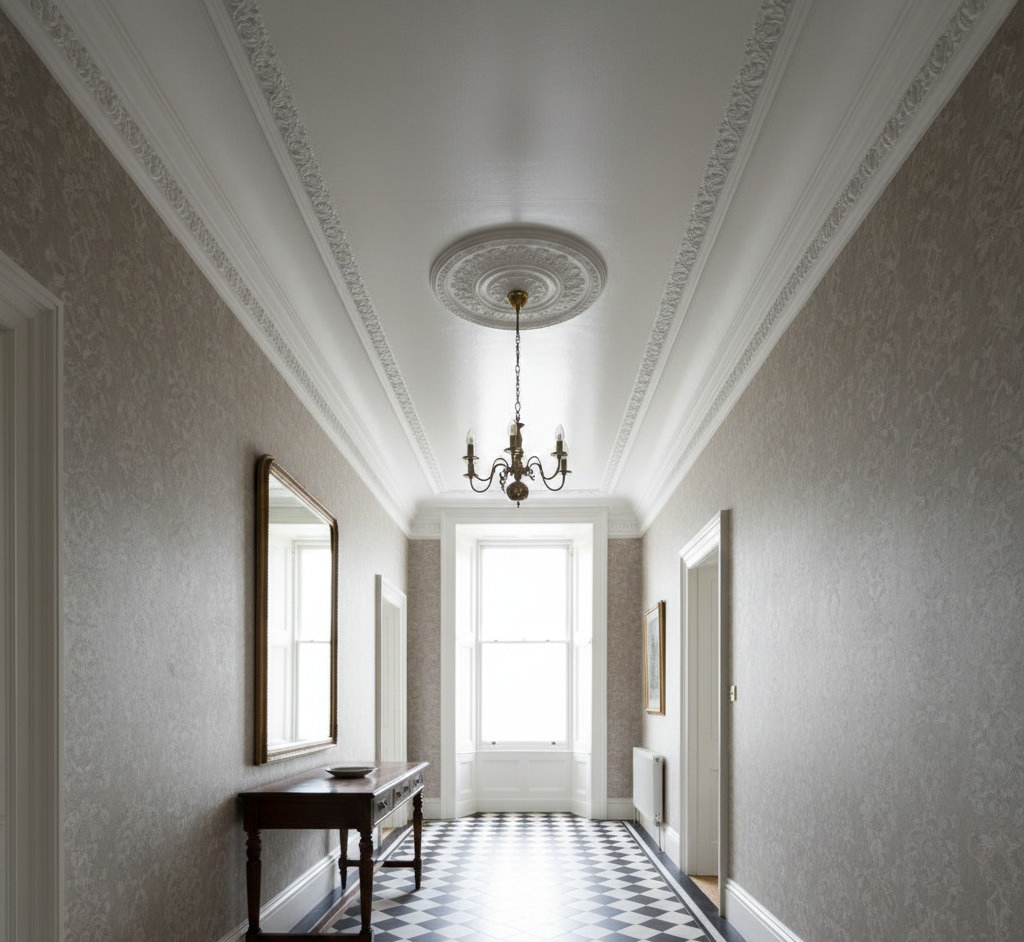small hallway with satin paint on the ceiling
