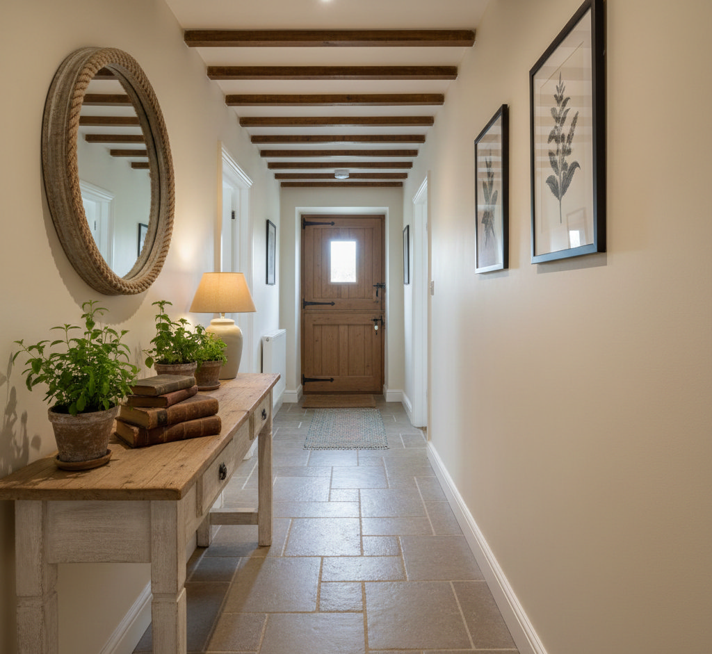 narrow bright entryway with chartreuse front door