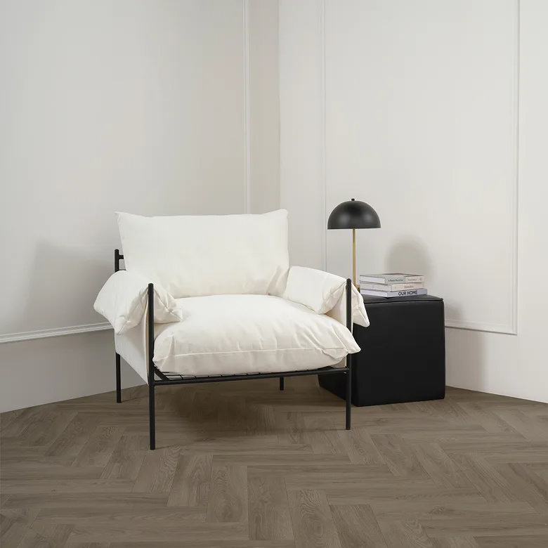 white woven accent chair in home office