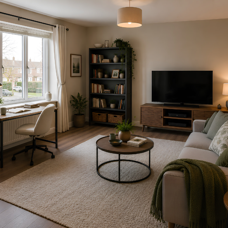 neutral living room with TV unit and shelving, featuring desk by window, soft lighting and cosy seating arrangement