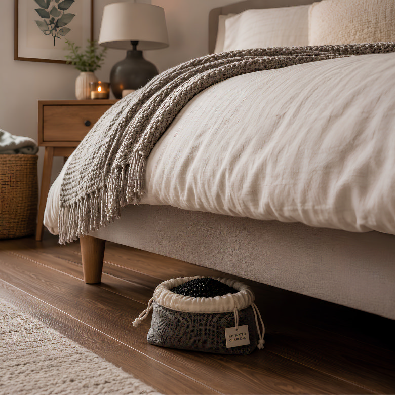Activated charcoal bag under the bed absorbing unwanted odours to help keep the bedroom smelling fresh.