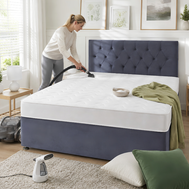 Woman vacuuming a mattress with baking soda to remove odours and keep the bedroom smelling fresh.