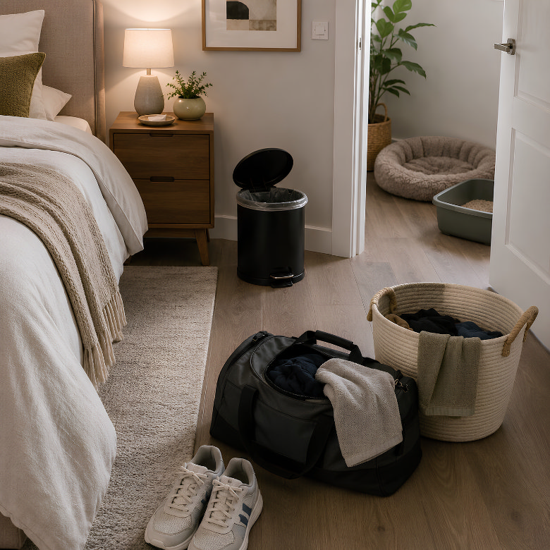 Bedroom with overflowing gym bag, damp towels, shoes, bin and pet bedding showing common sources of unwanted odours.