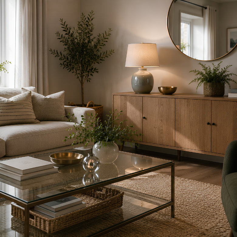 neutral living room with glass coffee table and wooden sideboard, styled with plants, soft lighting and warm natural tones