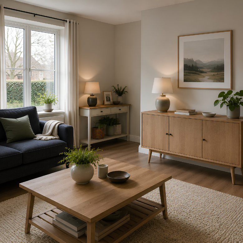 neutral living room with wooden coffee table and sideboard, blue sofa, soft lighting and natural styling with plants and warm tones