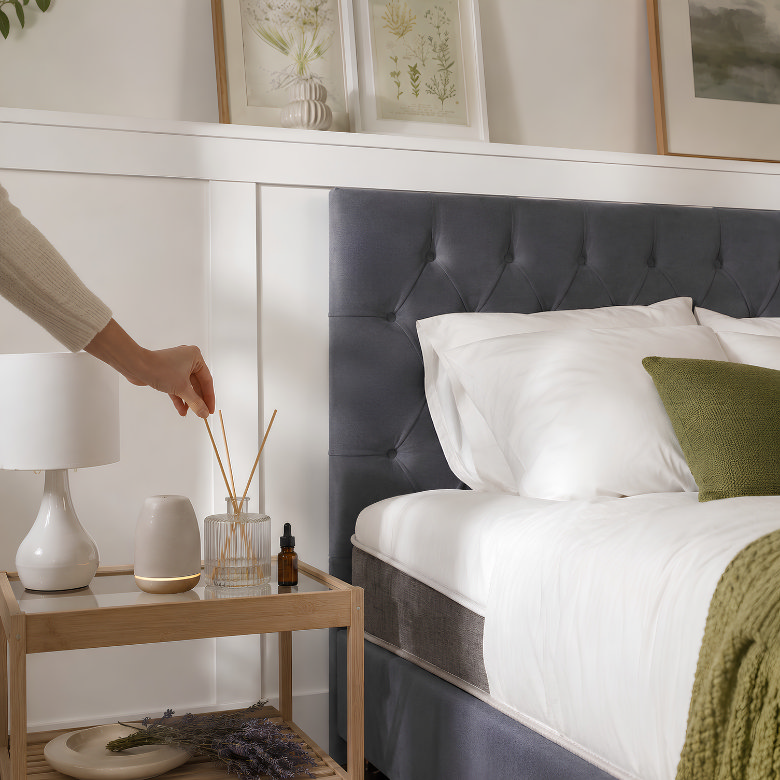 Reed diffuser with essential oils beside fresh white bedding to help keep a bedroom smelling fresh.