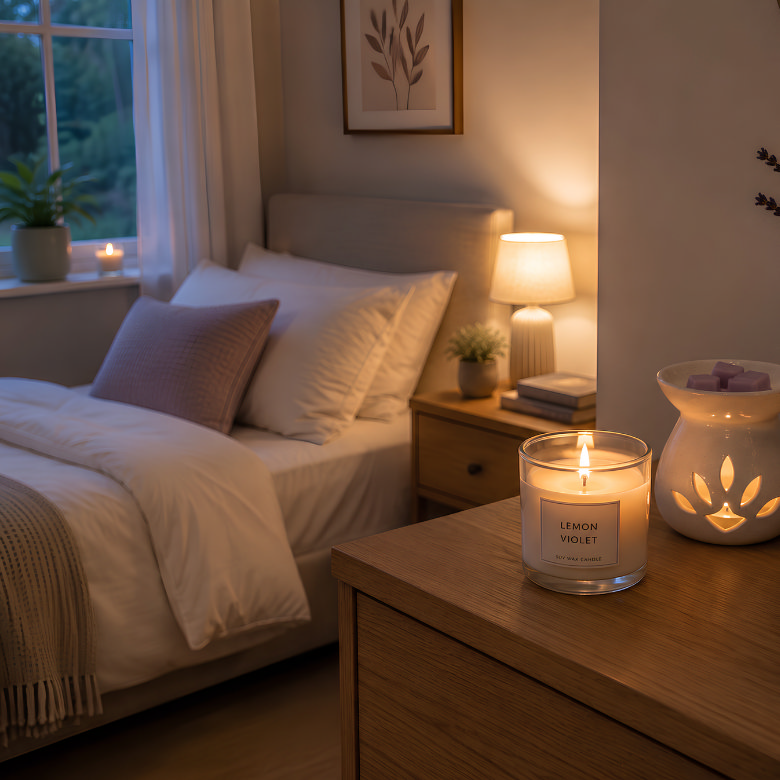 Scented candle and wax melt burner beside a bed to keep the bedroom smelling fresh in the evening.