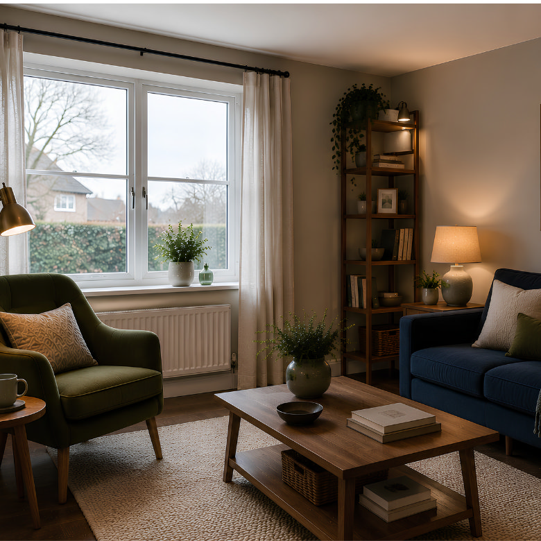 bright living room with large window, armchair and sofa, wooden coffee table and shelving, styled with plants and soft lighting