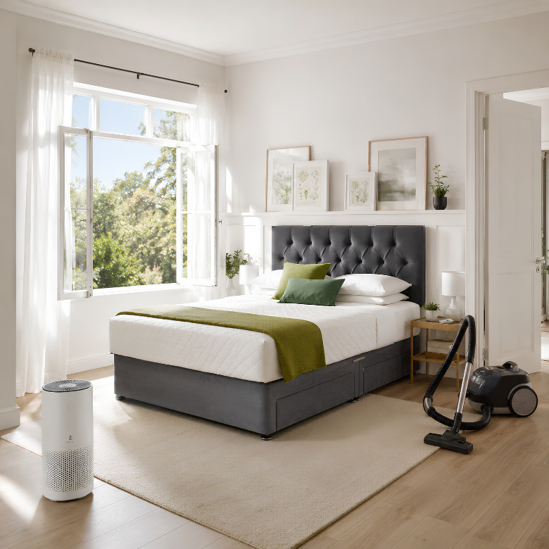 Freshly cleaned bedroom with open windows, air purifier and vacuum cleaner to help remove stale smells.